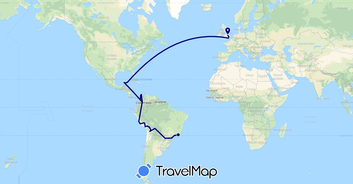 TravelMap itinerary: driving in Bolivia, Brazil, Colombia, United Kingdom, Mexico, Peru (Europe, North America, South America)
